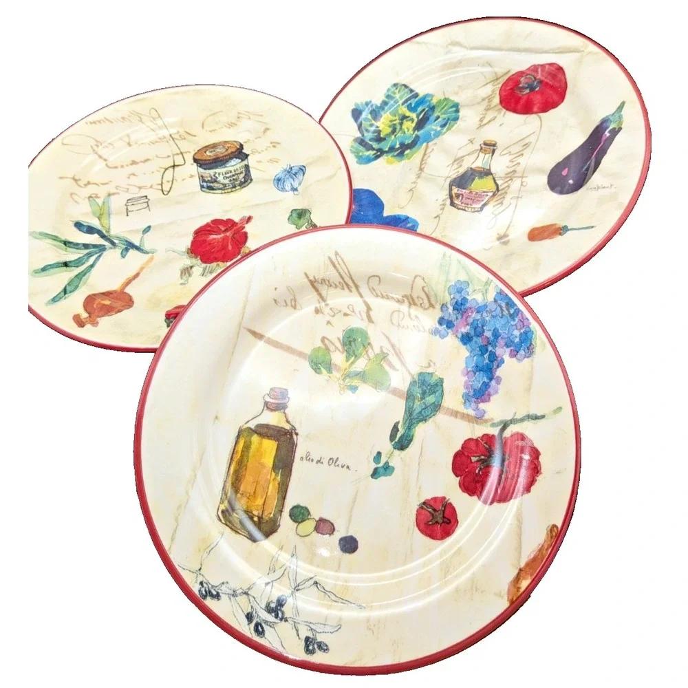 Williams-Sonoma French Market Salad Plates Set of 3 Portugal Ceramic Red Rim